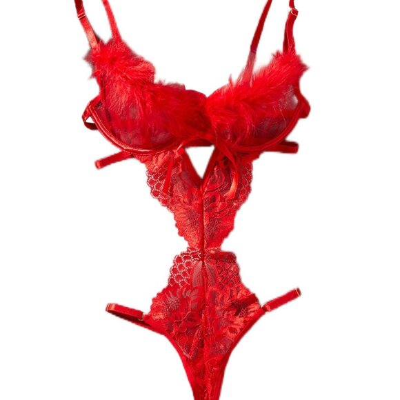 Feather Red Floral Longline Bra Set Women Lingerie Set Mesh Sexy Lingerie - Picture 6 of 10